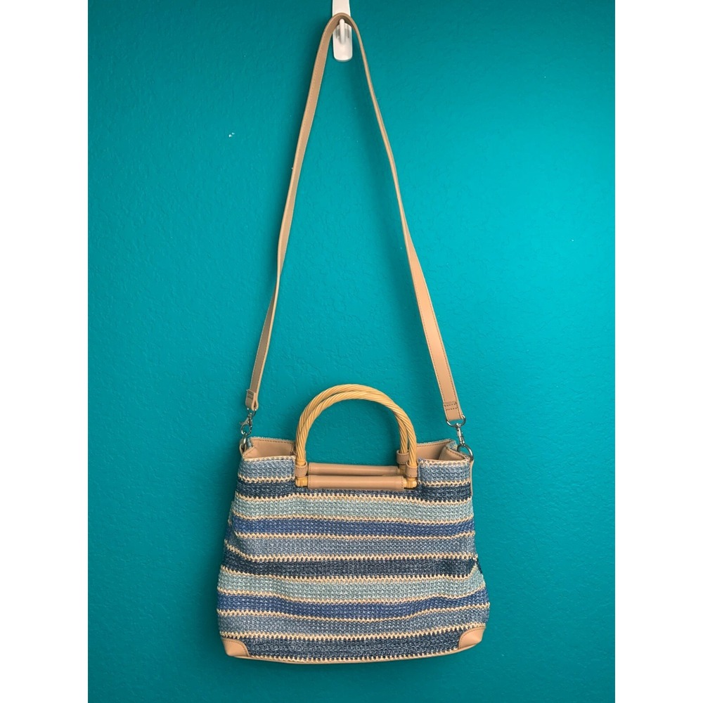 Marlo Blue Striped Woven Straw Tote Bag Crossbody Handbag with Top Handles